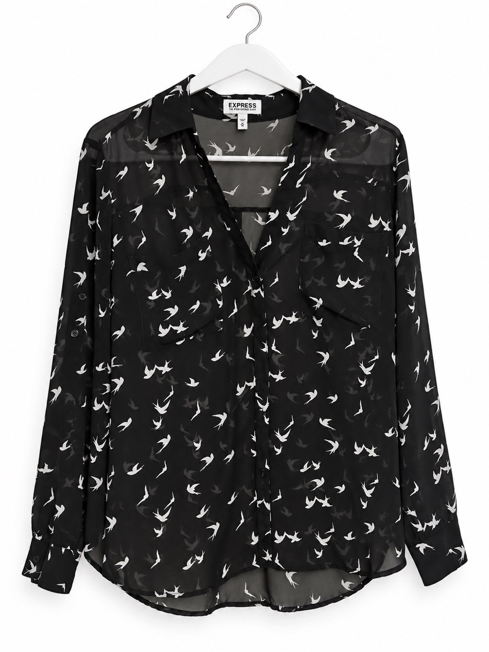 Express The Portofino Shirt Size M Black White Bird Print Sheer Button-Up Blouse